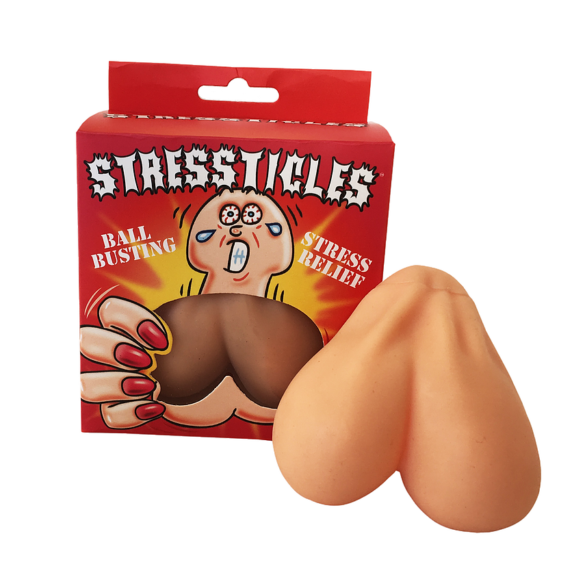 Stressticles from Hott Products Unlimited. Testicle shaped stress balls - the ultimate stress reliever. Carton size approximately 4.33 inches by 2.36 inches by 5.12 inches. Contents: stress bag in the shape of testicles. Categories: Party Games