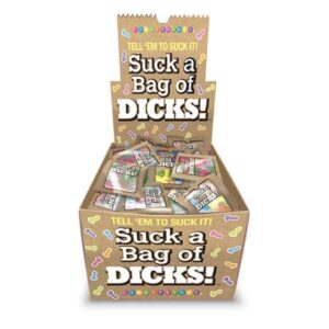 Suck A Bag Of Dicks Display from Candyprints. This Dick Candy with an attitude is the perfect candy for any ass hole in your life. A great gift for a cheating partner