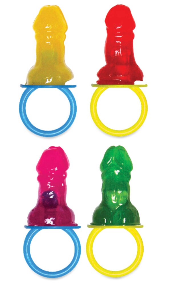 Bachelorette Party Favors Candy Pecker Pacifier 48 per display. Candy Pecker Pacifier with countertop cardboard Point of purchase display. Each sucker is individually wrapped. Assorted flavors include strawberry
