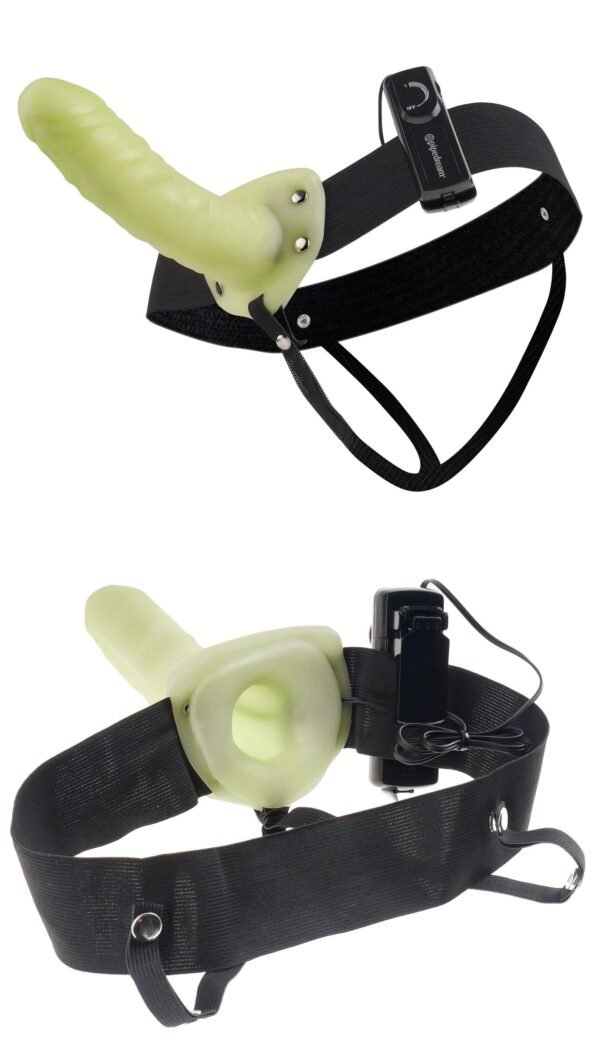 Fetish Fantasy Hollow Strap On For Him or Her Vibrating Glow In The Dark from Pipedream Products. New and improved hands free remote. Fetish Fantasy Series Hollow Strap On Glow In The Dark. Perfect for beginners. Here is the perfect strap on for the both