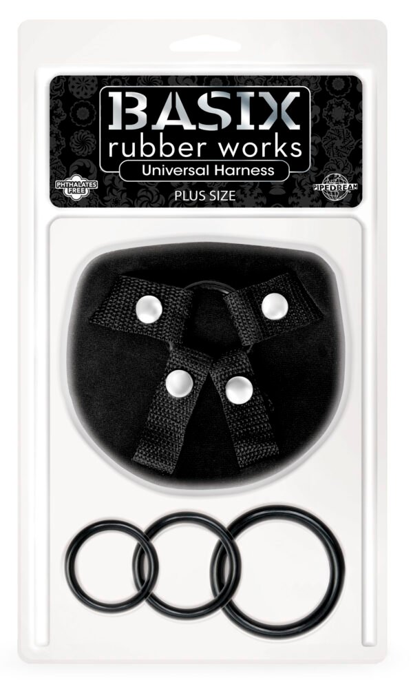 Basix Rubber Works Universal Harness Plus Size from Pipedream Products. The Basix Universal Harness is available in Regular and Plus Size and includes 3 Silicone rings. Each sold separately. Easy to adjust and fun to use for sexy strap on play. Most of th