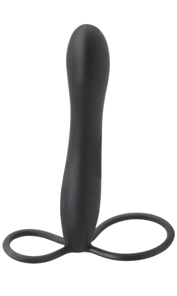 Fetish Fantasy Elite Double Trouble Black for double the pleasure and double the fun from Pipedream Products. With this strap on dildo two is better than one! The Silicone ring on the top of the shaft acts as a performance enhancing cock ring