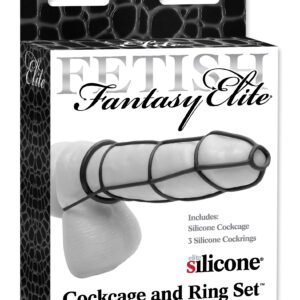 (WD) Fetish Fantasy Elite Series Cockcage and Ring Set Black from Pipedream Products. Maintain firm erections and increase your pleasure with this incredible super stretchy Cock Cage and Ring set. Made from our ultra premium Elite Silicone
