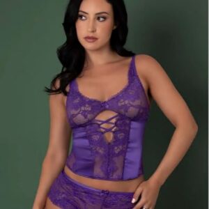 SATIN PETALS BUSTIER & BOY SHORT PURPLE M