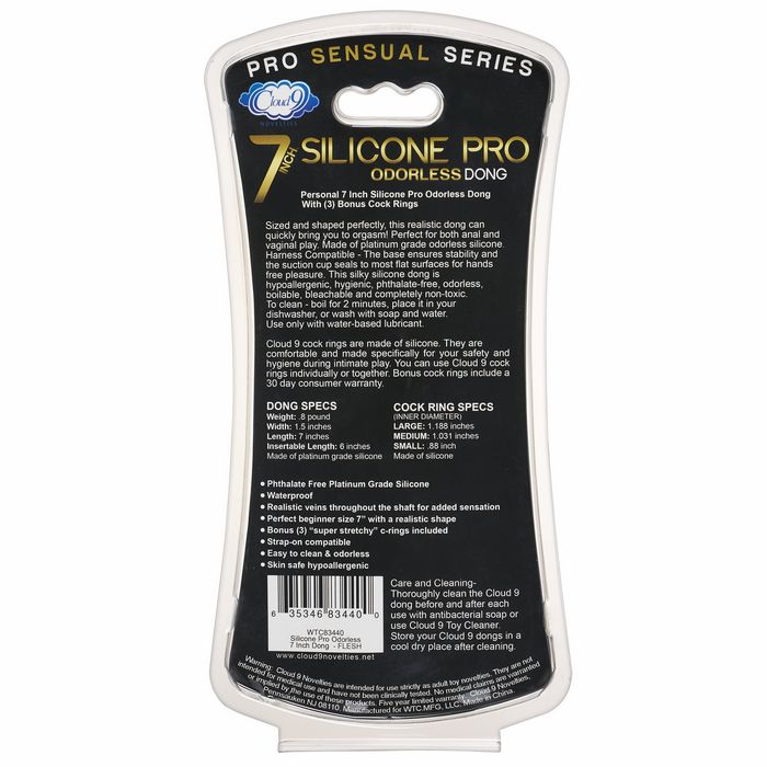 CLOUD 9 PRO SENSUAL 7 PREMIUM SILICONE DONG W/ C RINGS LIGHT "