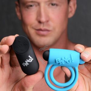 BANG! SILICONE COCK RING & BULLET W/ REMOTE BLUE