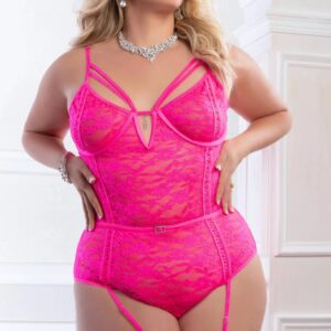 2PC SHEER LACE TEDDY W/ SNAP CROTCH GLOSSY PINK Q/S