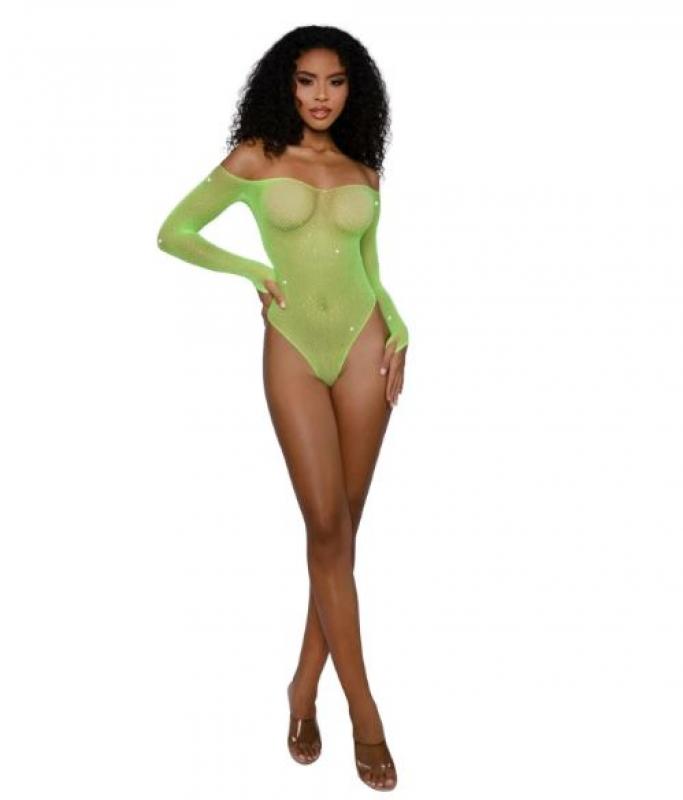 DREAMGIRL RHINESTONE OFF SHOULDER BODYST NEON LIME