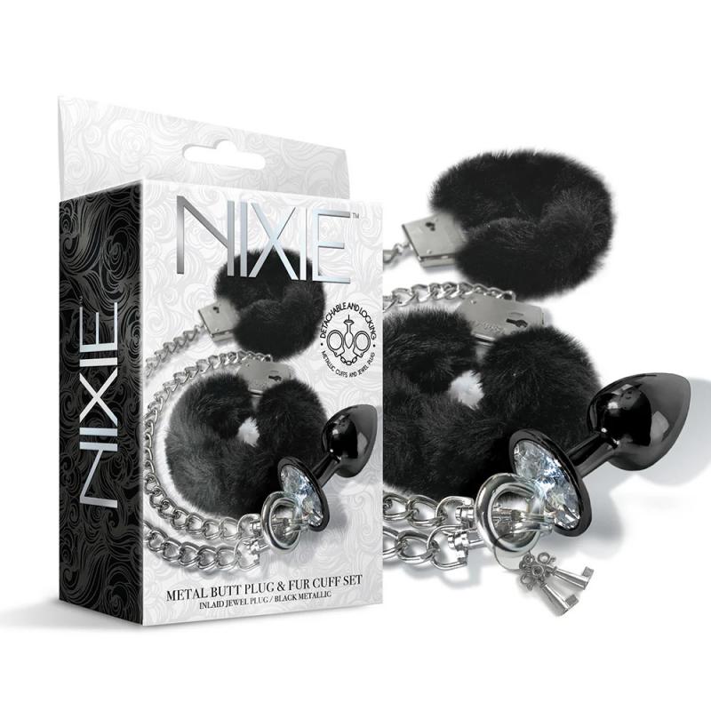 NIXIE METAL BUTT PLUG & FURRY CUFF SET BLACK