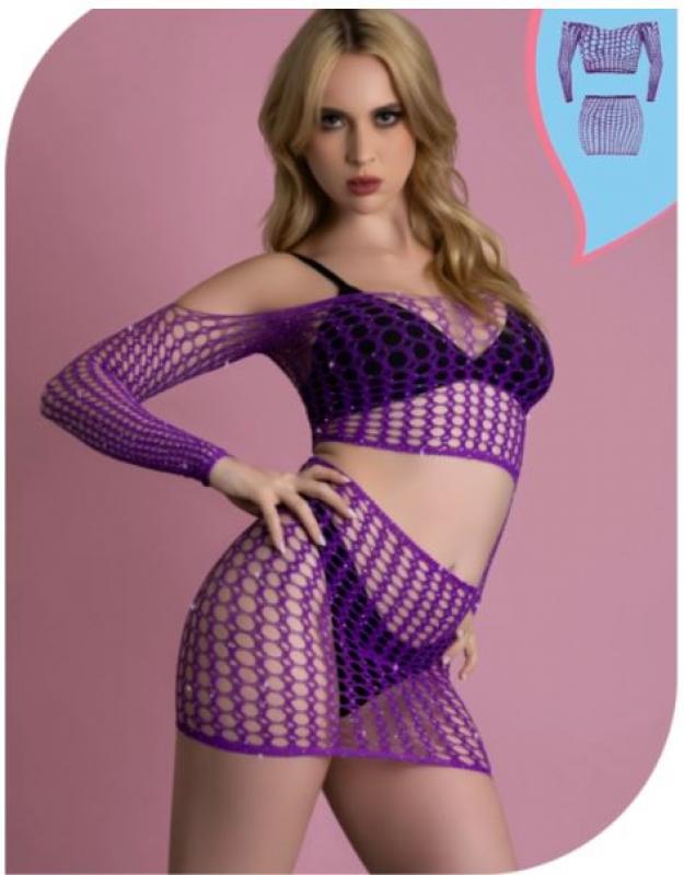 LOVE RHINESTONE CRYSTAL OFF SHOULDER CROP TOP & SKIRT VIOLET