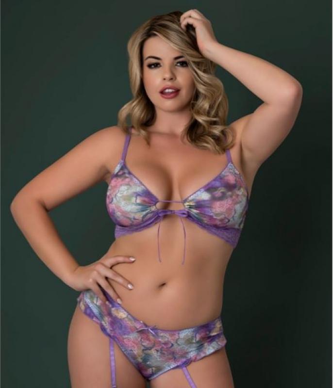 WISTERIA MIST BRALETTE & PANTY REMOVABLE GARTERS FLORAL 2XL